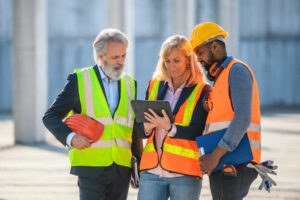 Construction project manager looking at a computer with the team