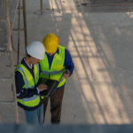 Construction team reviewing QA/QC documentation on a laptop on a commercial jobsite