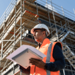 GC standing at construction site looking over schedule of values print out.